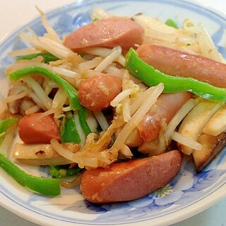 ウインナー・エリンギ・もやし・ピーマンの麺つゆ炒め